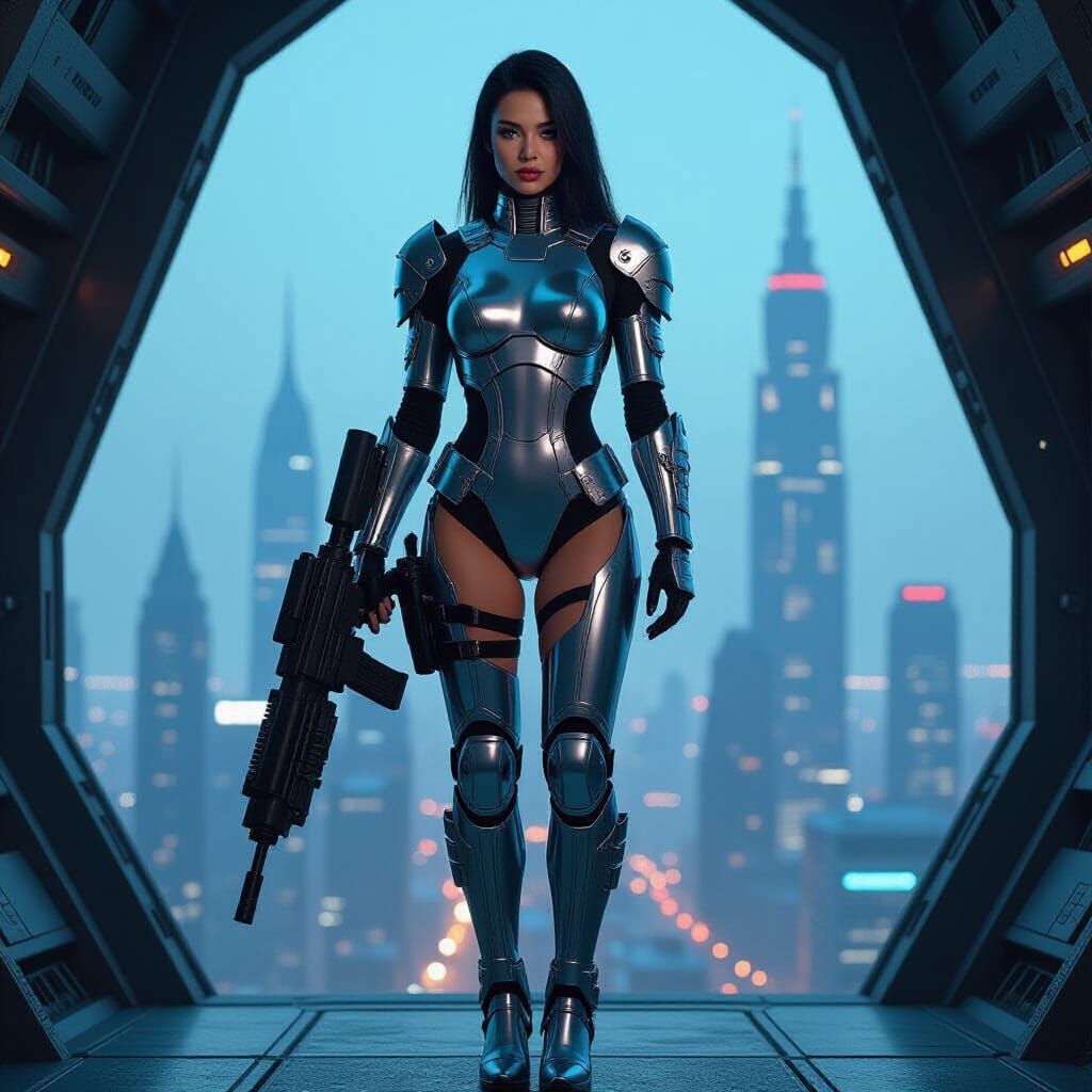 Cyberpunk Shock Trooper in Skintight Chrome Bodysuit
