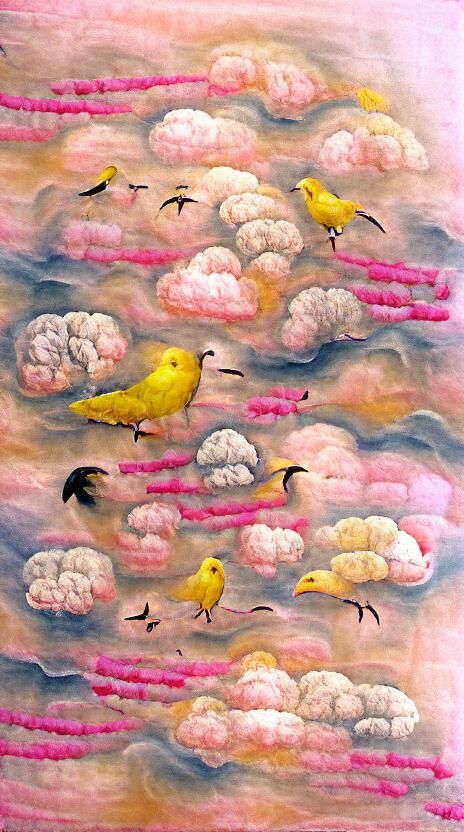 Yellow pink cloud with birds