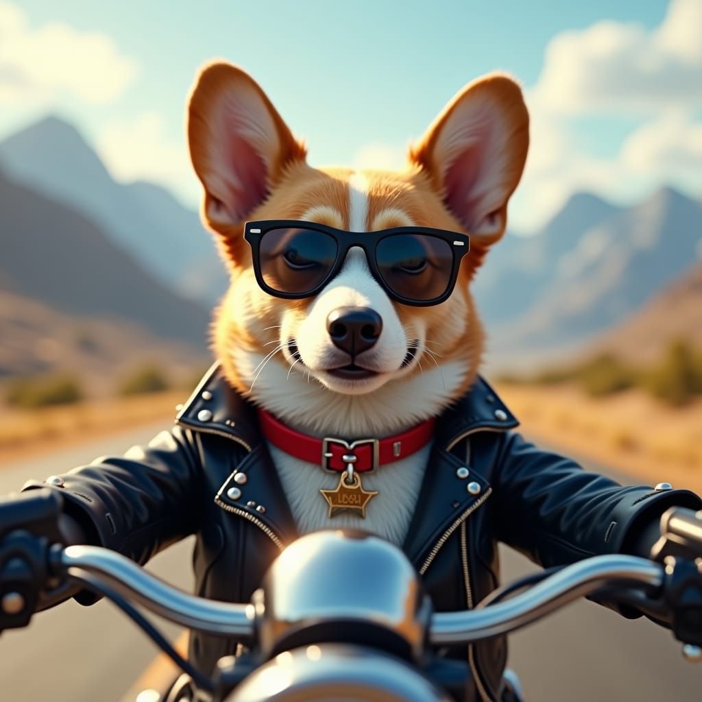 Cyberpunk Corgi Rides Highway to Adventure