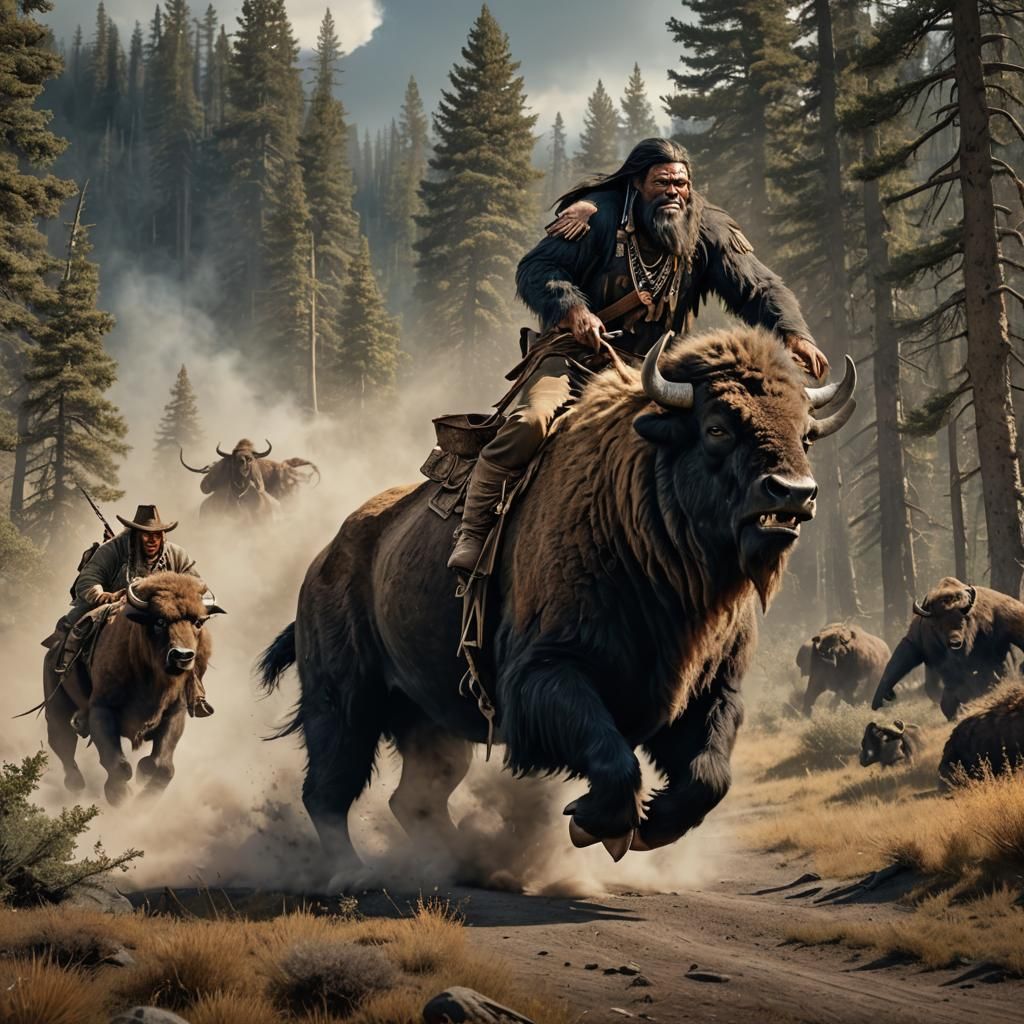 Native American Bigfoot Chasing Buffalo Bison in Hyper-Reali...