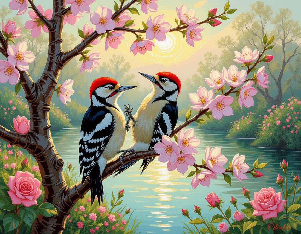 Red-Headed Woodpecker in Blooming Almond Tree, Van Gogh Styl...