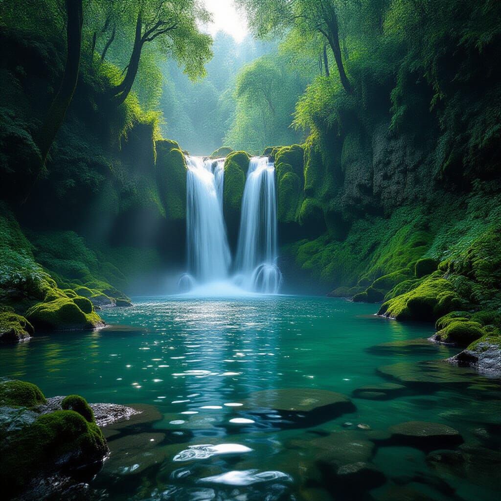 Majestic Waterfall in Lush Forest, Photorealistic