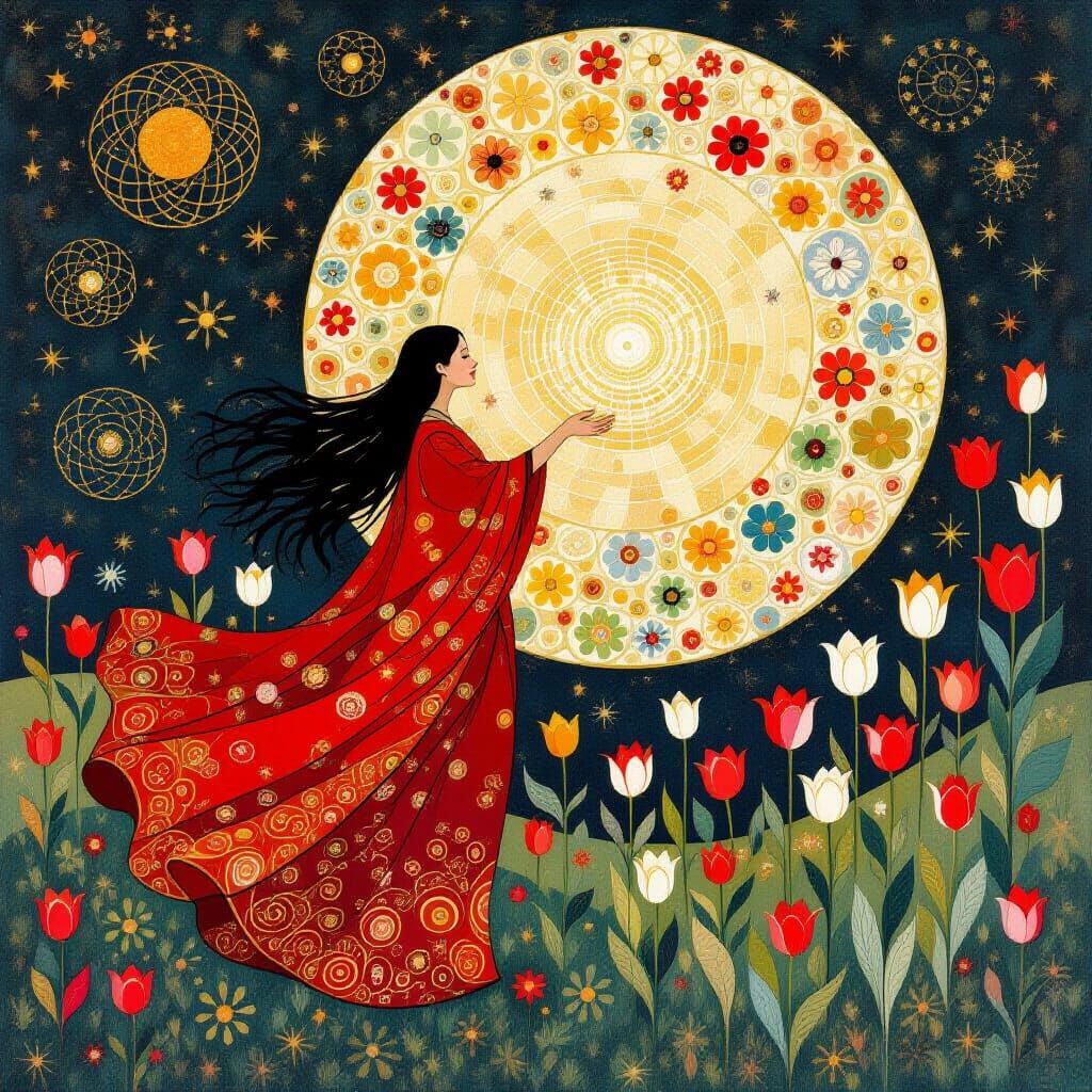 Man in Red and Tulips in Art Nouveau Style