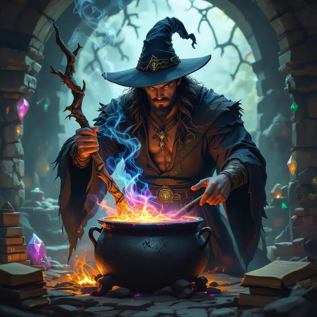 Muscular Male Witch Brews Magic in Dim Chamber