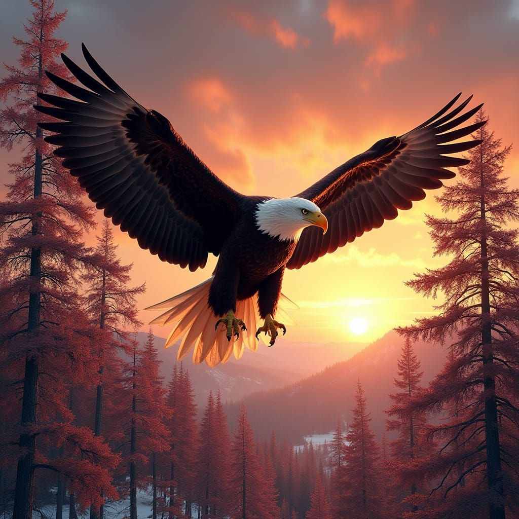 Majestic Bald Eagle Spreads Wings over Alaskan Forest at Sun...
