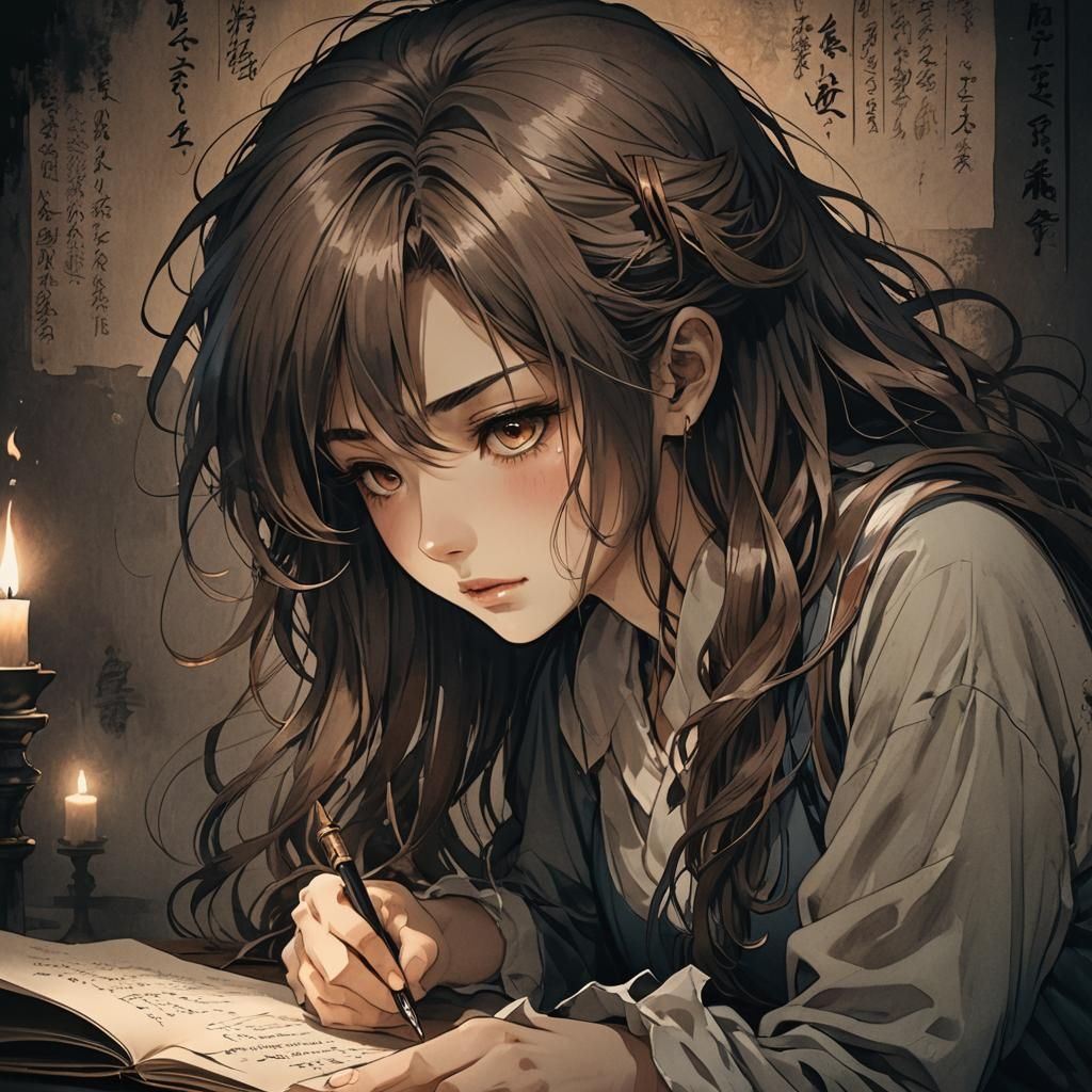 Long-Haired Girl in Despair, Writing Poetry in a Gloomy Atmo...
