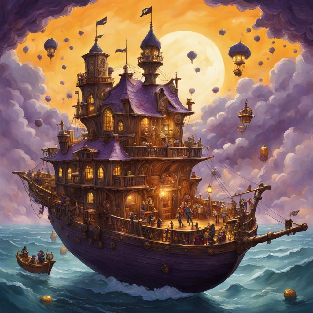 Surrealist Pirate Crew Sails Clouds on Golden Cheddar Flying...