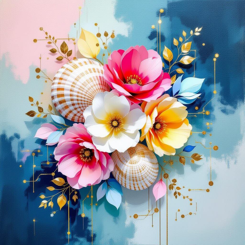 Floral Seashells with Wire Circuitry in Metamodern Style