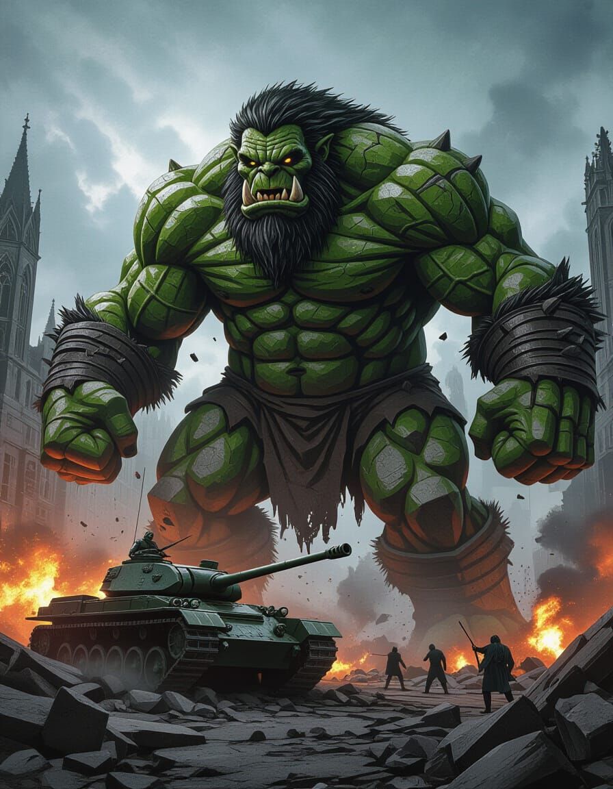 Colossal Rock Ogre Smashes Tank, Gothic Photorealistic 8K