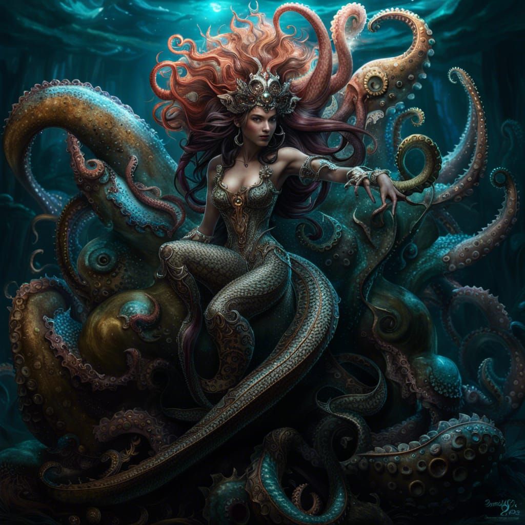Epic Mermaid-Octopus Fantasy Masterpiece with Volumetric Lig...