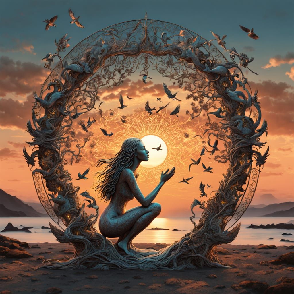 Surreal Sculpture of Woman at Sunset in Bio Art Style