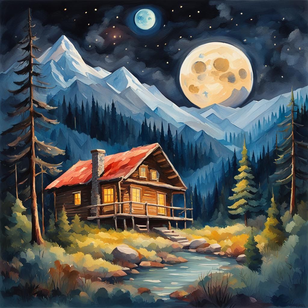 Rustic Cabin Under Starry Night Sky