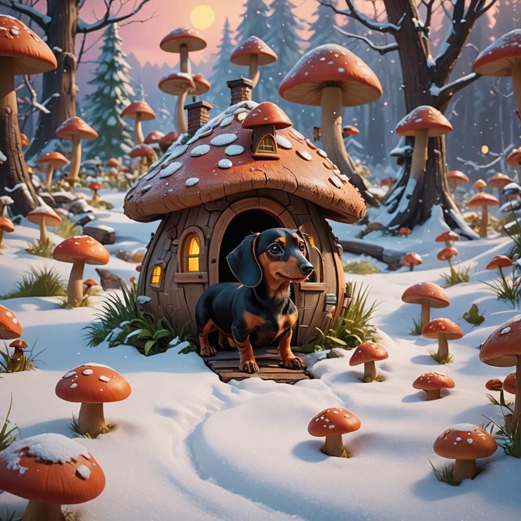 Surreal Whimsical Wonderland Scene with a Happy Dachshund in...