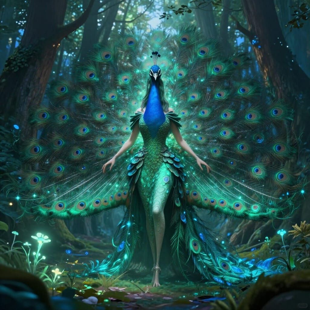Peacock Goddess in Mystical Forest