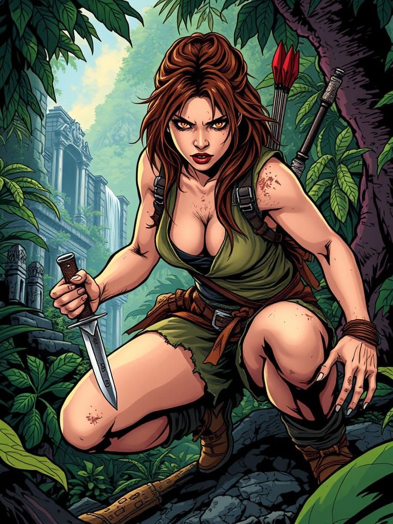 Fierce Adventurer in Overgrown Jungle, Comic Style