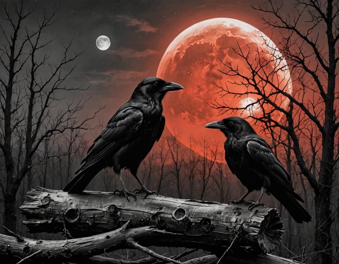 Mysterious Crow Silhouetted Against a Bloody Red Moon in Got...