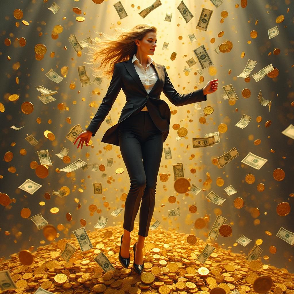 Wealthy Woman Surrounded by Gold Coins and Dollar Bills in a...