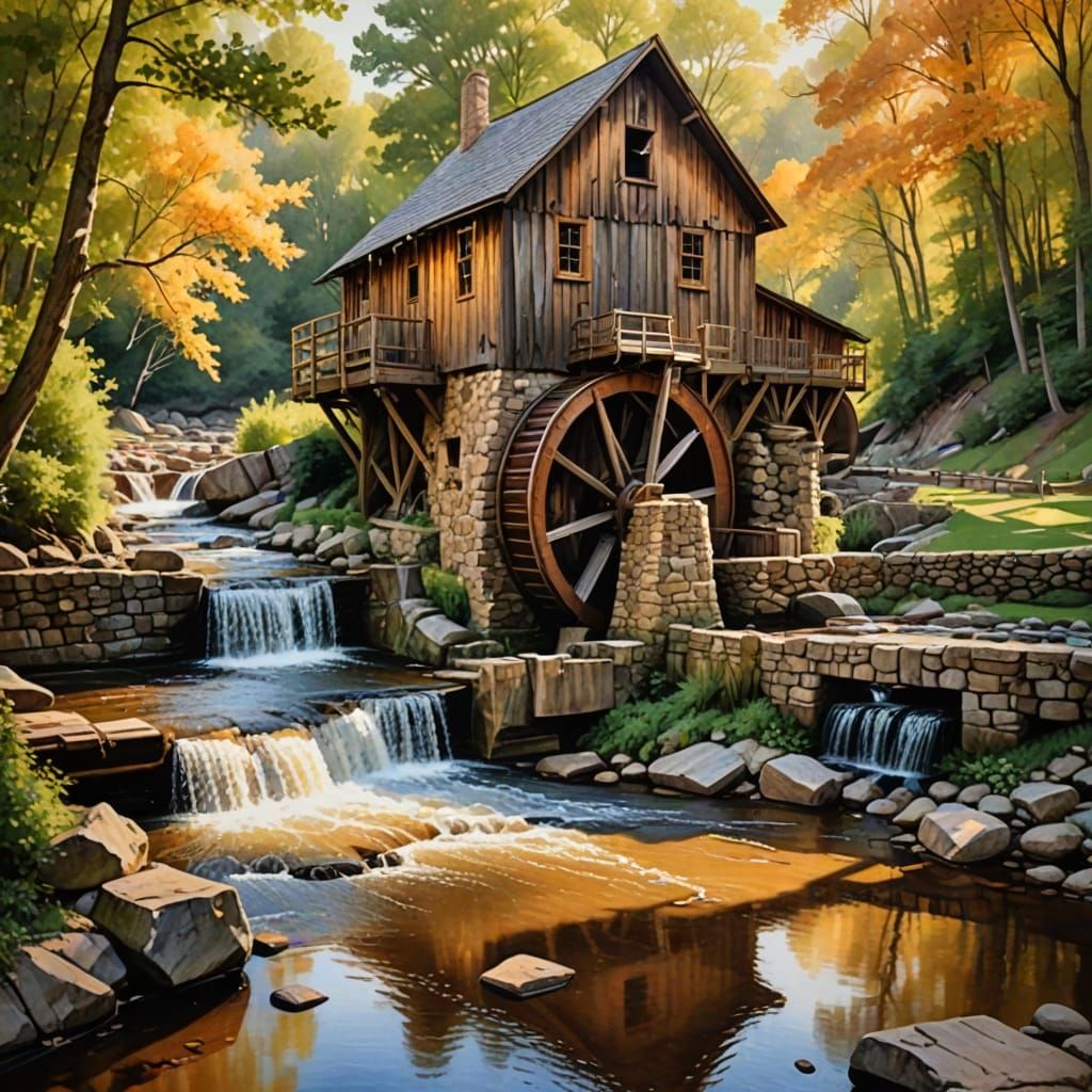 Boy Fishing Near Waterwheel in Serene Landscape