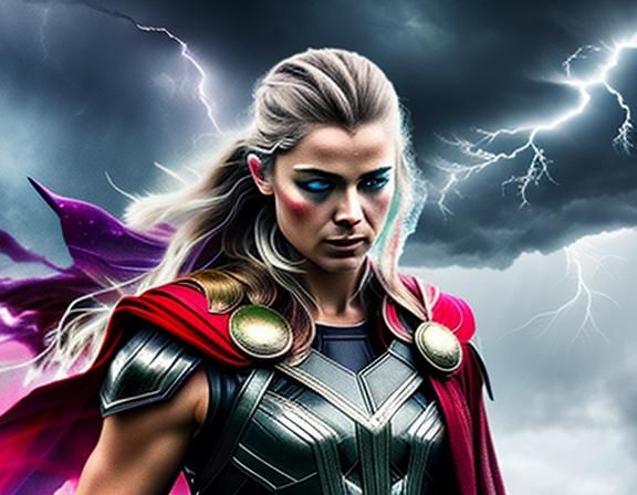 Lady Thor Unleashed in Double Exposure Watercolour Art