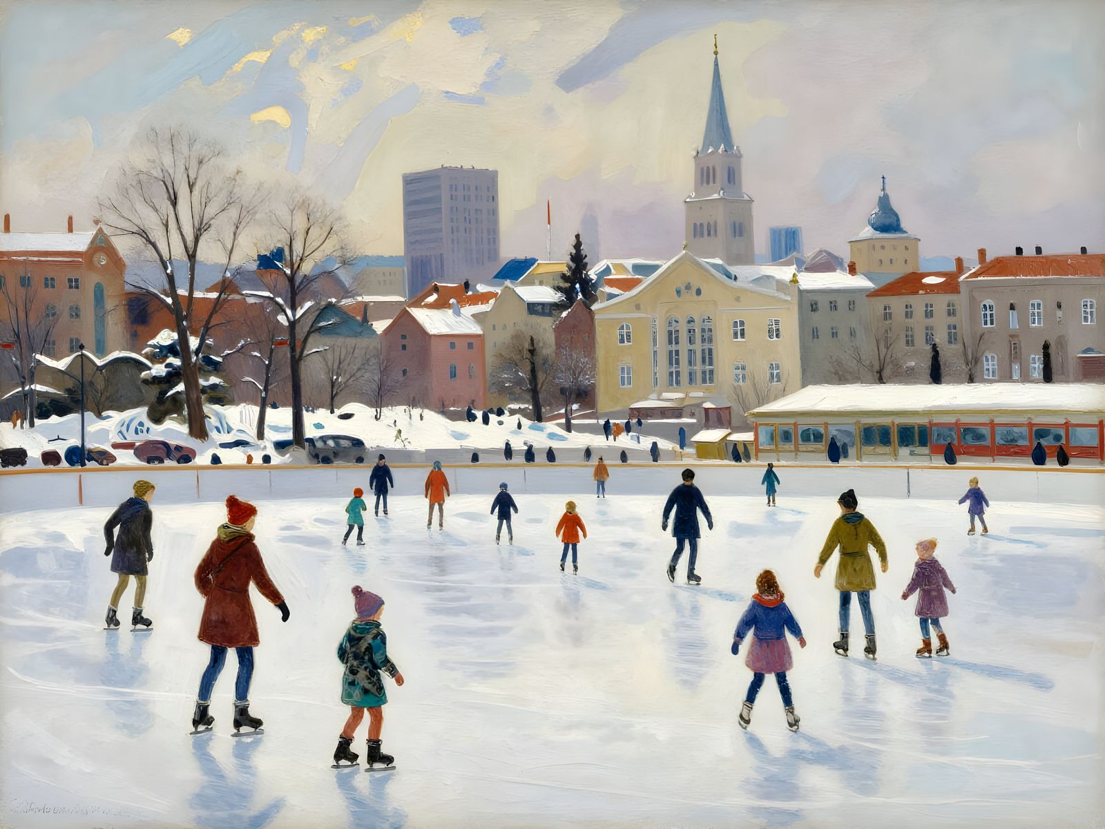 Winter City Scene with People Ice Skating in Gouache Style