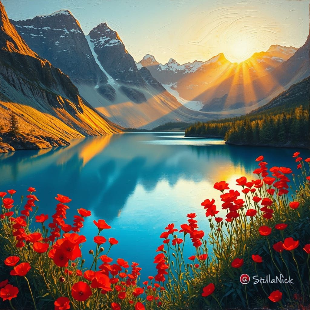 Vast Mountain Lake with Red Wildflowers