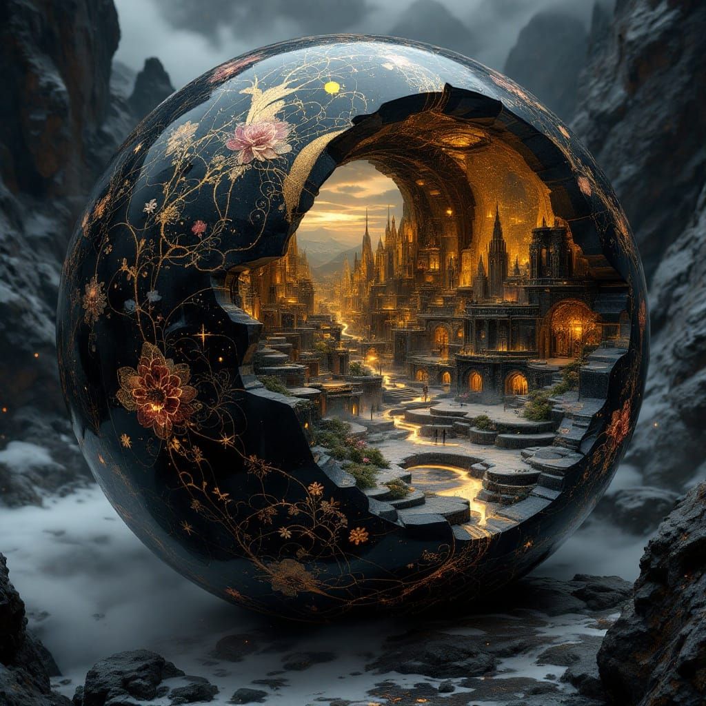 Surreal Fantasy City in Obsidian Sphere, Marvel of Sgraffito...