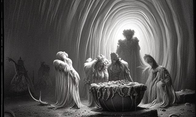 Stygian Witches in Dark Cave with Cauldron