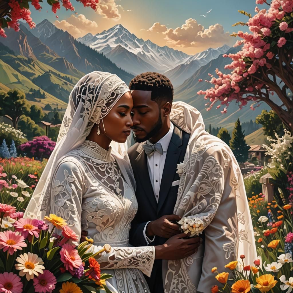 Surreal Hyperrealistic Wedding Scene Amidst Vibrant Floral A...