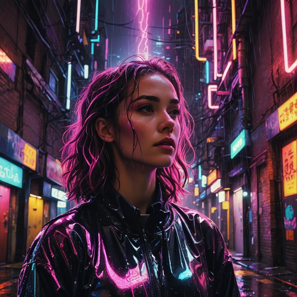 Girl in Neon Cityscape, 80s Retro Futurism Style