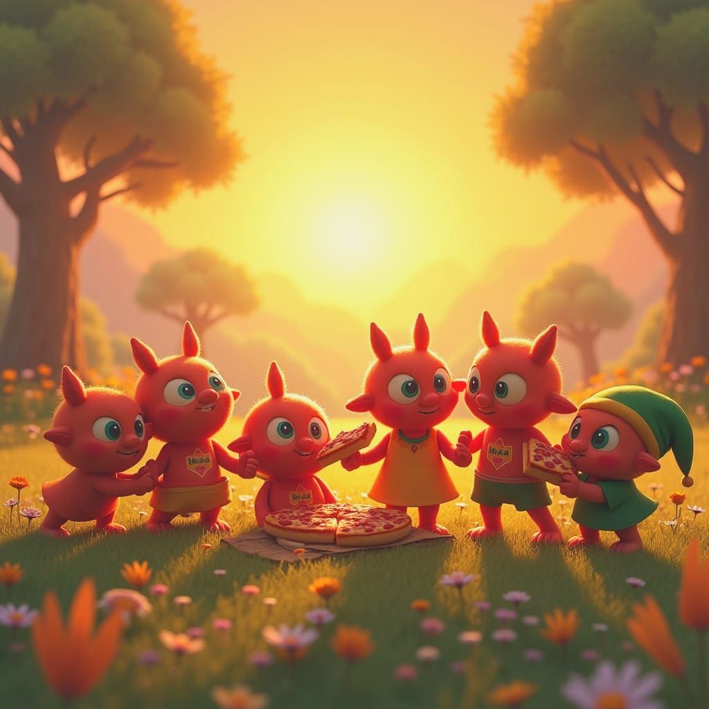 Surreal Sunset Scene of Bokoblins Enjoying Pizza
