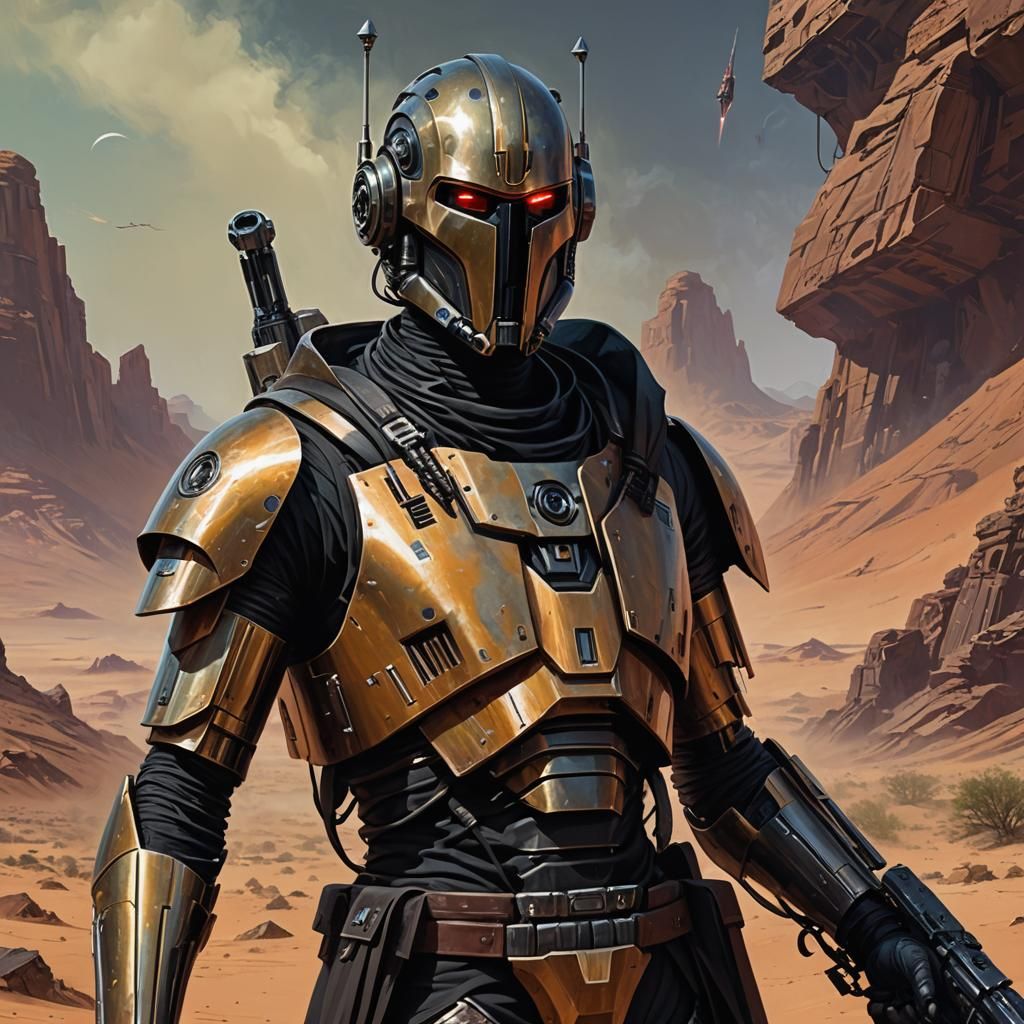Epic Cyborg Portrait in Dark Fantasy Desert Landscape