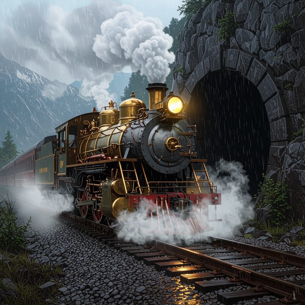 Steampunk Engine Emerging from Mountain Tunnel