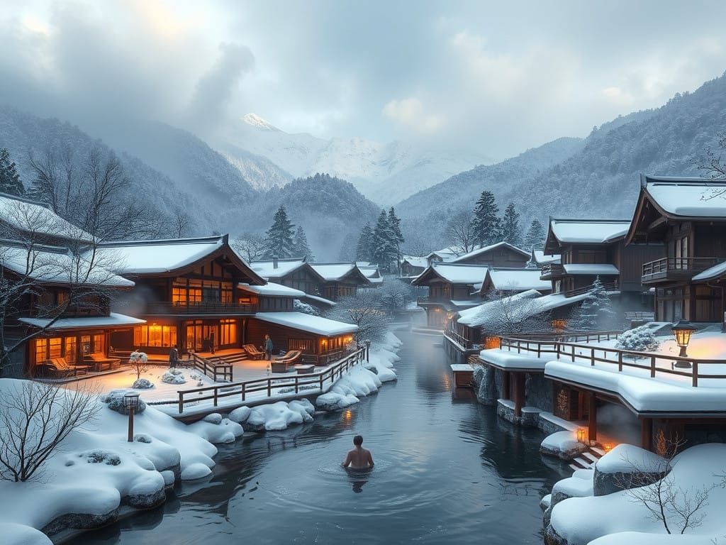 Whimsical Winter Onsen Paradise in Traditional Japanese Styl...