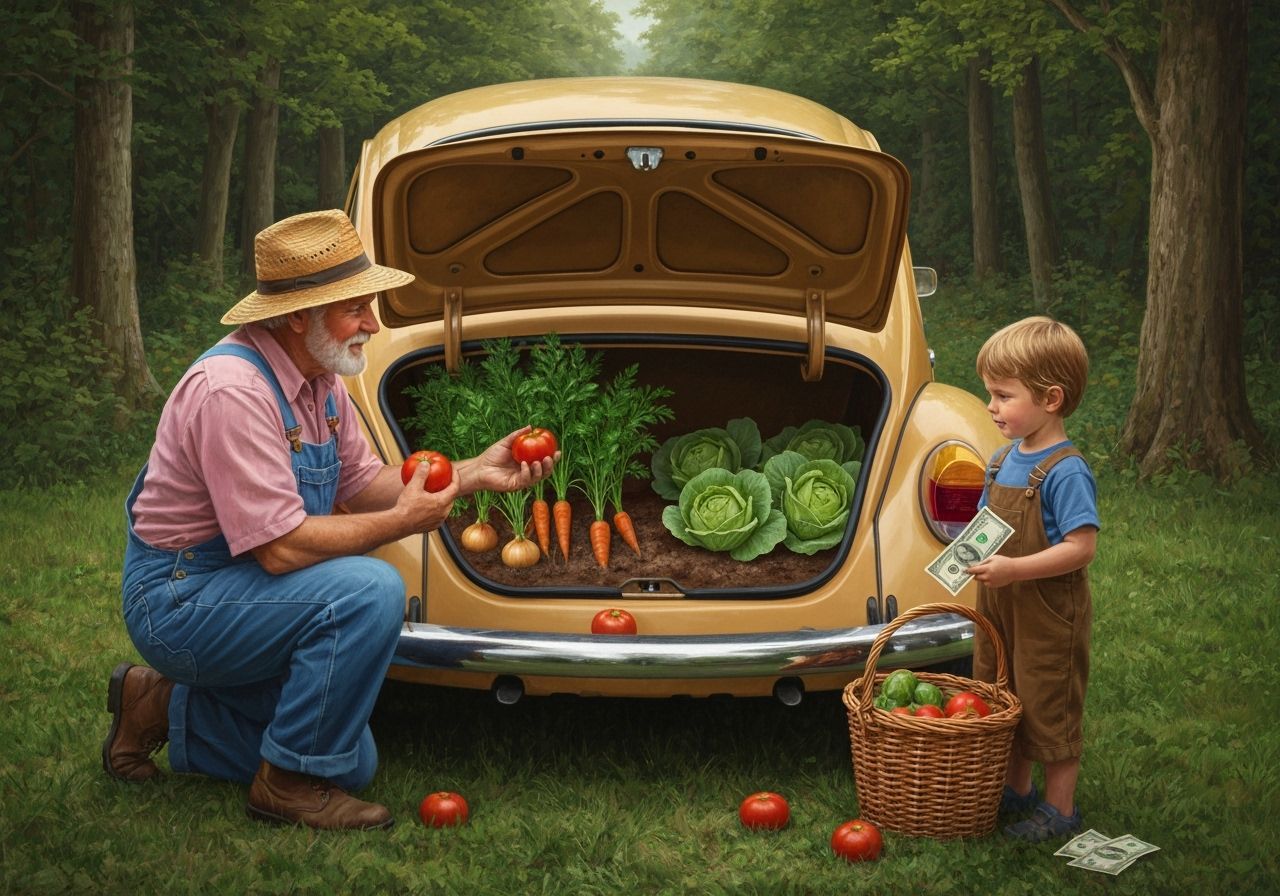 Farmer and Kid with Garden in Beetle Trunk