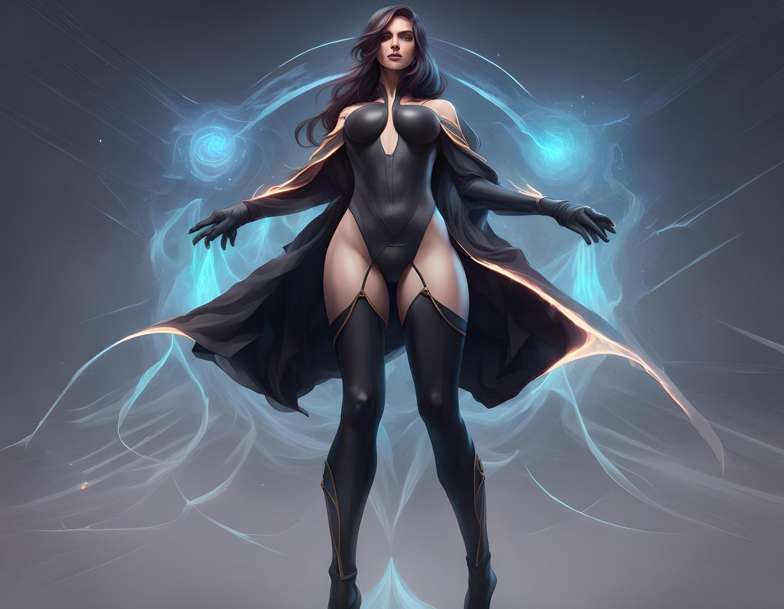 Wizard lady black body suit, full body, backside, down perspective
