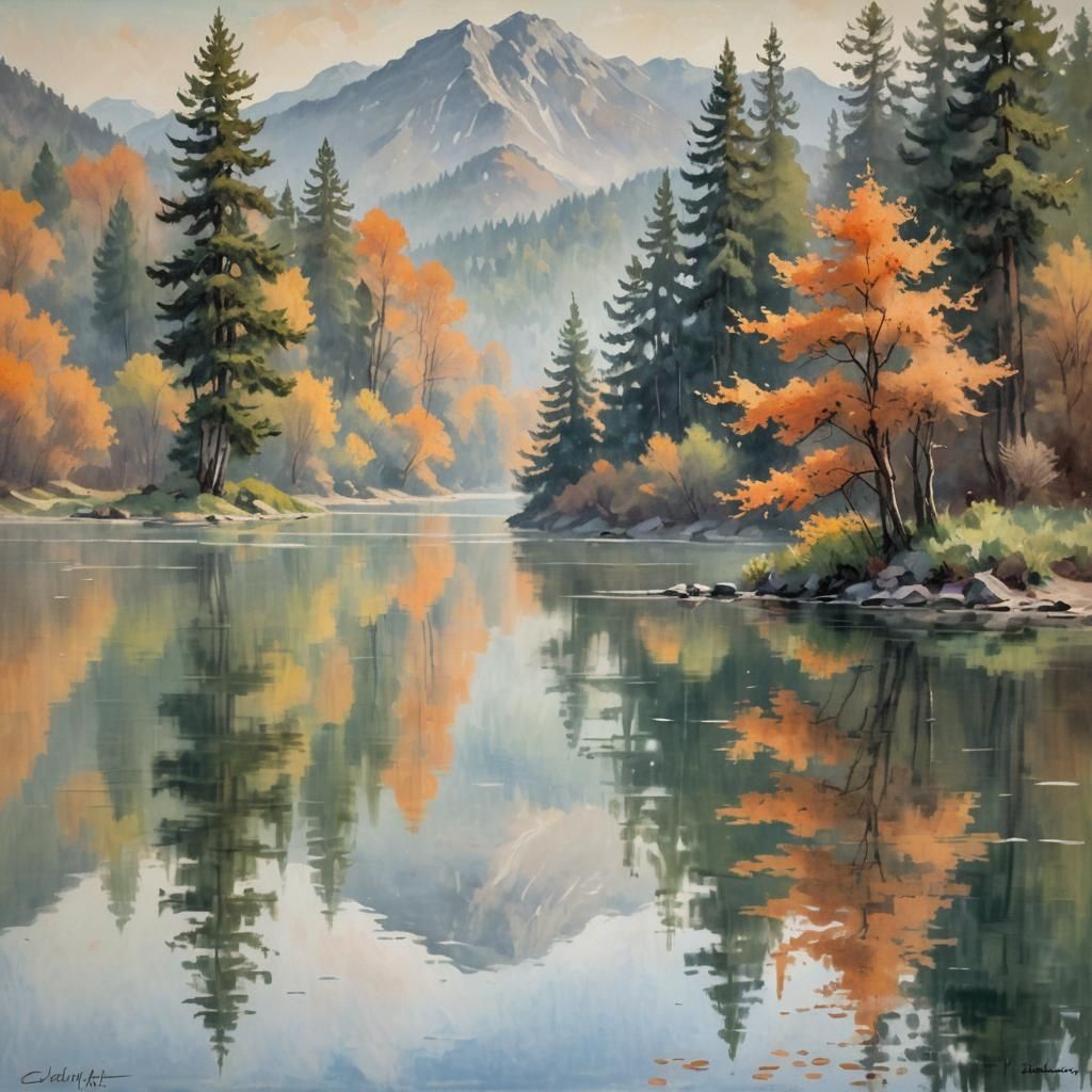 Impressionist Masterpiece with Serene Lake and Majestic Moun...