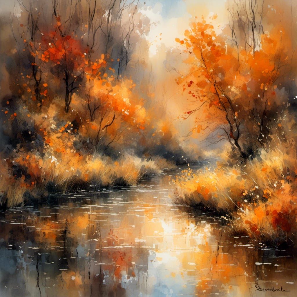 A a river gently reflects the warm, golden light of the sett...