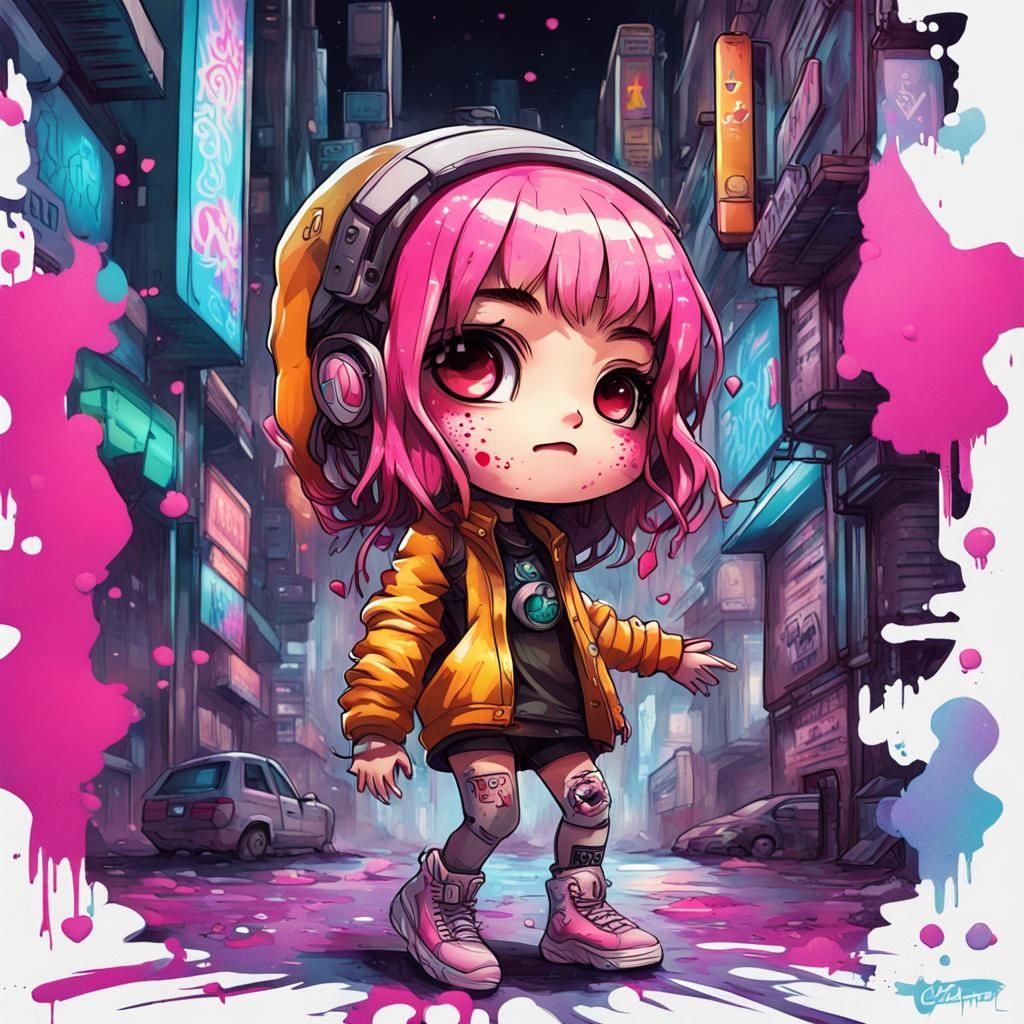 Cyberpunk Chibi Girl in Love Amidst a Futuristic Graffiti Ci...