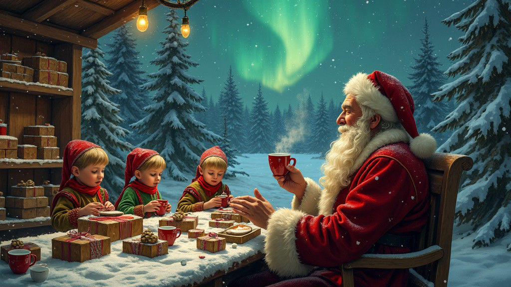 Jovial Santa Claus Surrounded by Elves in Winter Wonderland