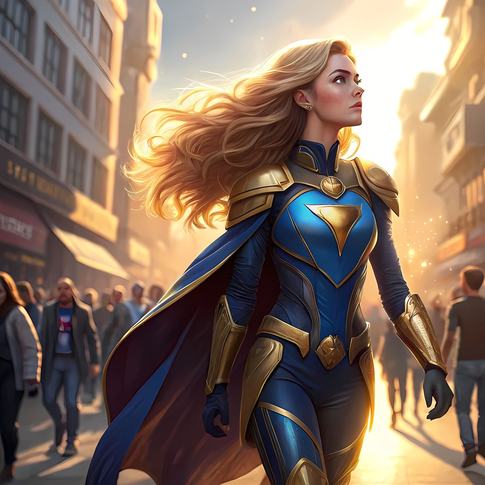 Bionic Superheroine in Shining Blue and Gold Armor Strides T...