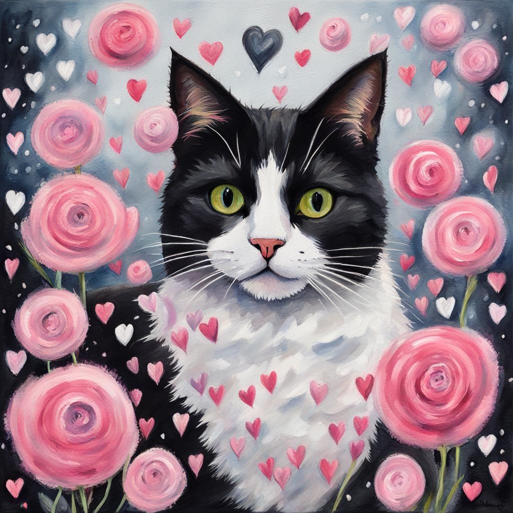 Gorgeous Black and White Cat Portrait in Impressive Gouache...