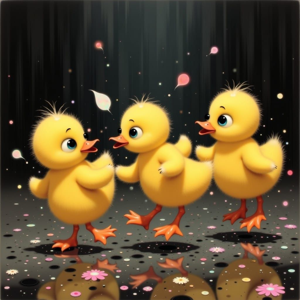 Ducklings Dancing in the Rain: A Whimsical Digital Art Piece