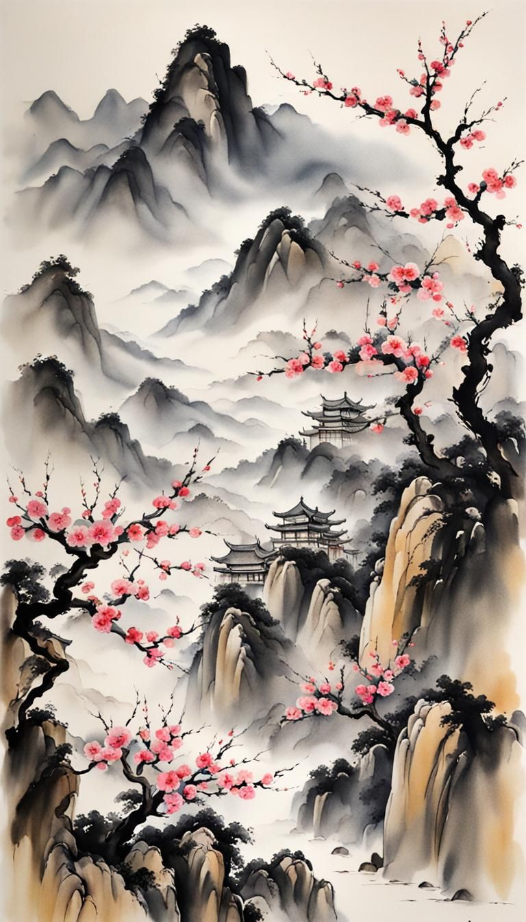 Surreal Apricot Blossom Blooms Amidst Majestic Mountains in....