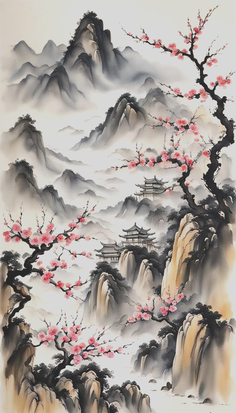Surreal Apricot Blossom Blooms Amidst Majestic Mountains in....