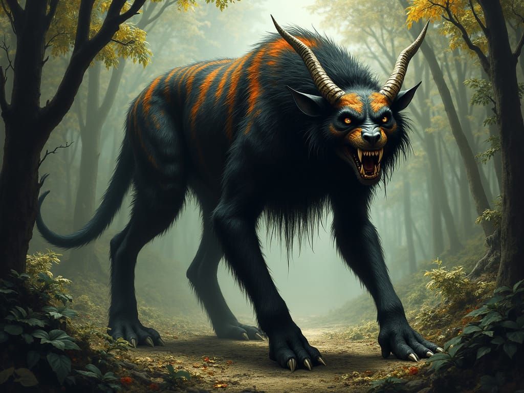 Striped Horned Creature in Jungle, Eerie Etching Style