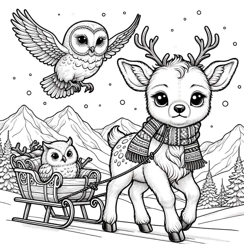 White Reindeer Pulls Sled With Owl Flying Ahead