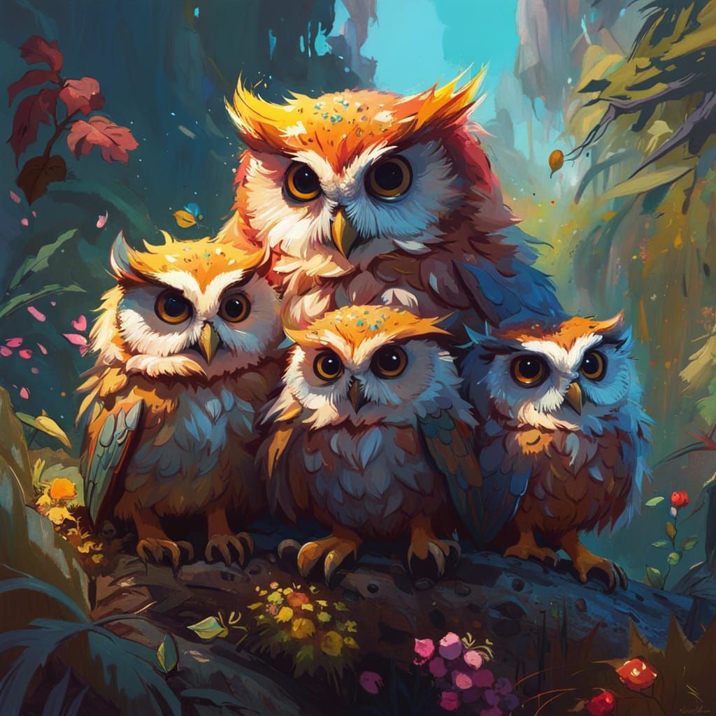 Chibi Owl Family Portrait in Vibrant Colours
