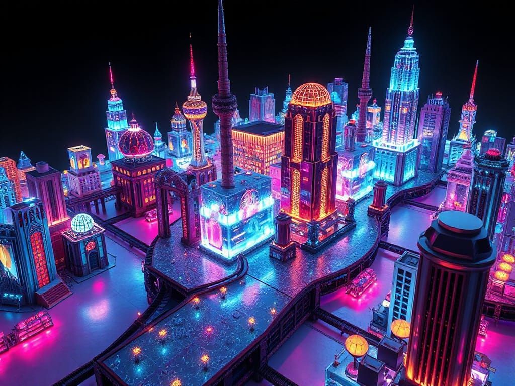 Retrofuturistic Fractal Cityscape in Vibrant Glass and Metal