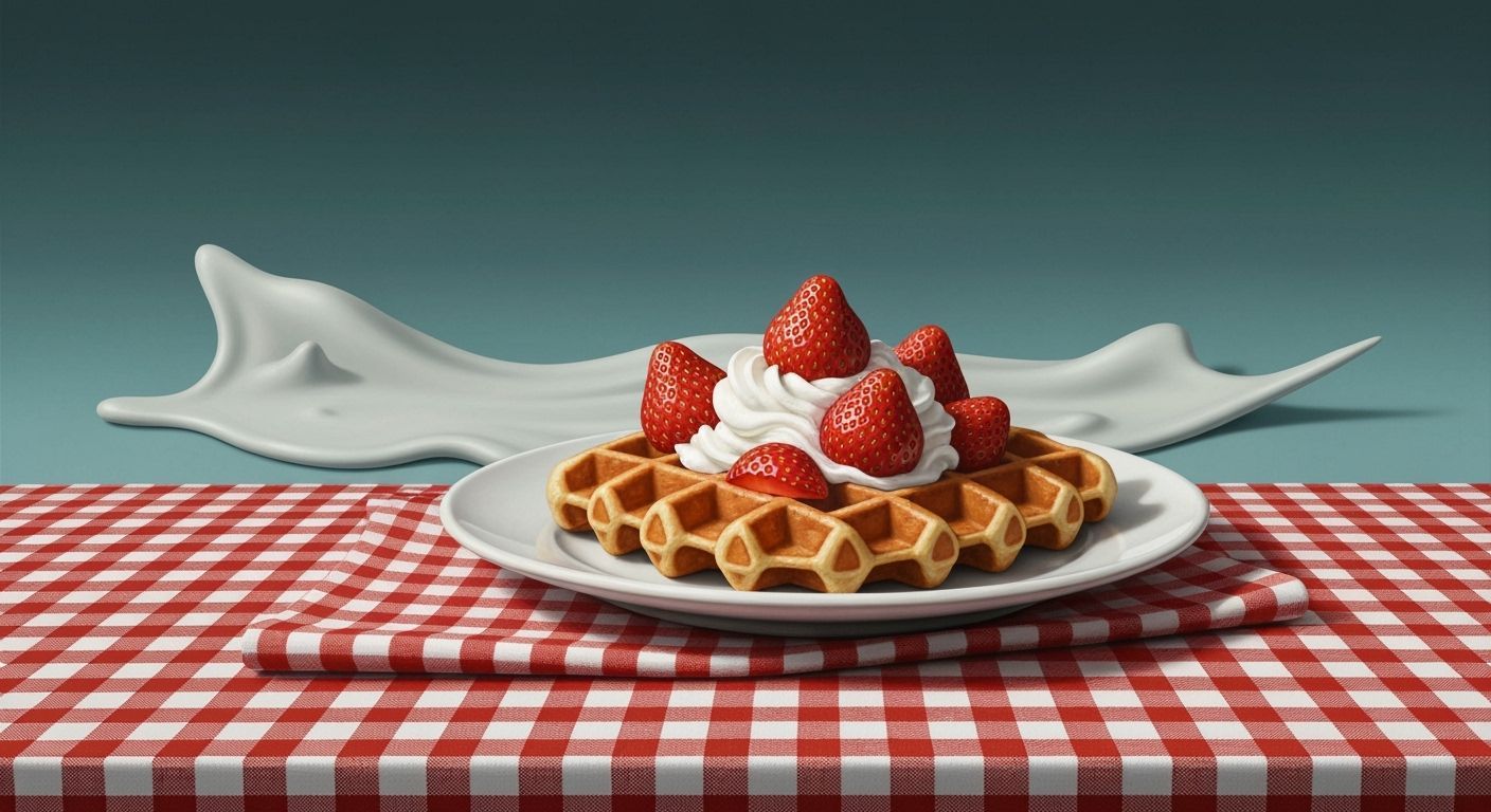 Surreal Waffle with Strawberries and Cream in Ligne Claire S...