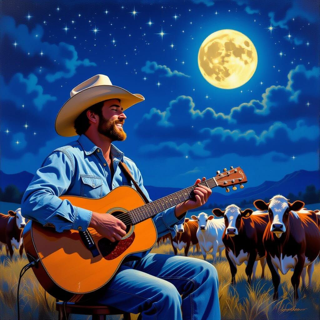 Cowboy Sings to Cows Under Starry Night Sky